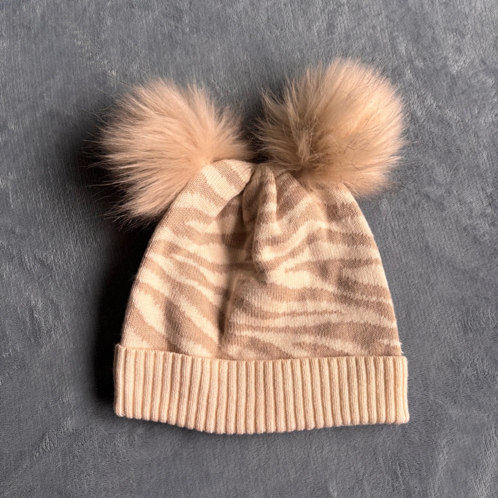 Baby Gap Knit Beanie With a Beige Zebra Print & Pompom- S/M